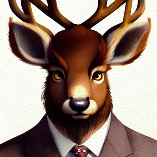 Prompt: character design portrait of a stupid chinese anthropomorphic furry deer man with deer ears, short brown hair, wearing a suits, looking at the camera, 4 k, concept art, by wlop, wenjun lin, watercolor, ilya kuvshinov, artgerm, krenz cushart, pixiv.