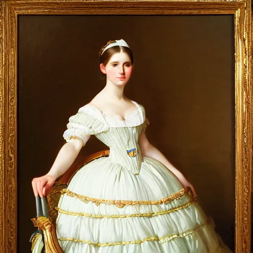 Prompt: full body portrait of a young german princess standing by a chair by Franz Xaver Winterhalter and Andreas Herman Hunæus painted in the 1860s, romanticism, vivid, fancy, beautiful, rococo, coherent