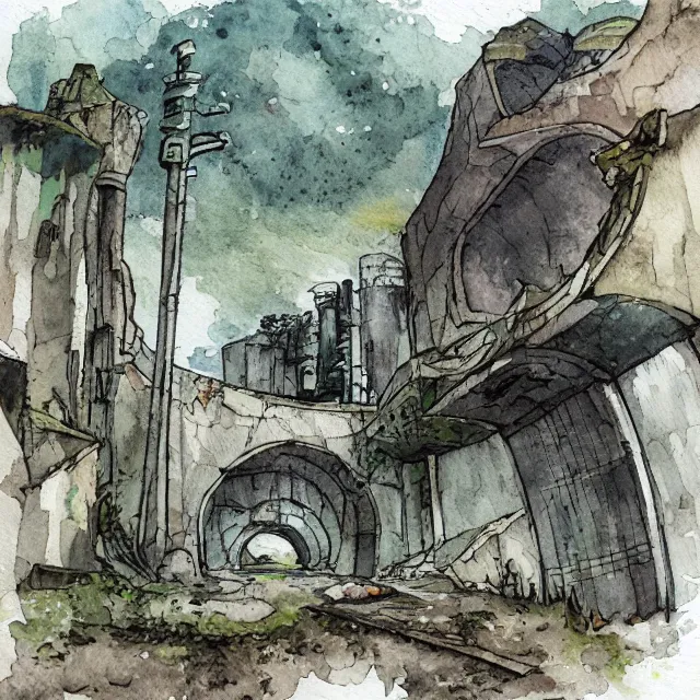 Prompt: a watercolor ink painting of the abandoned and overgrown tunnels of an post-apocalyptic arcology