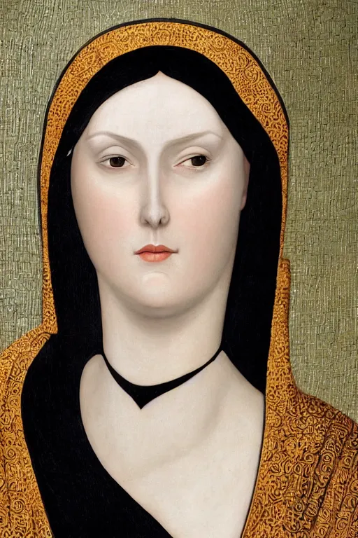 Image similar to hyper - realistic close - up portrait of a medieval woman, pale skin, in a black silk robe, in the сaravaggio style