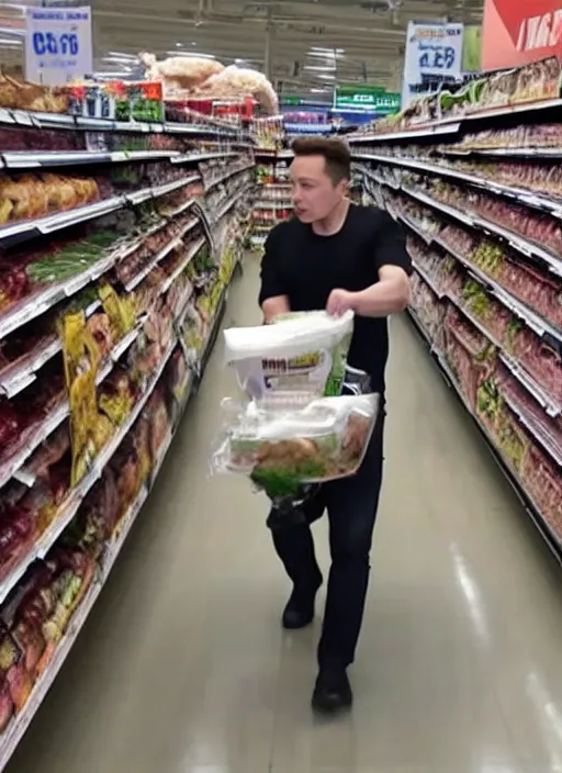Prompt: Elon musk stealing chicken in a supermarket caught on a security camera
