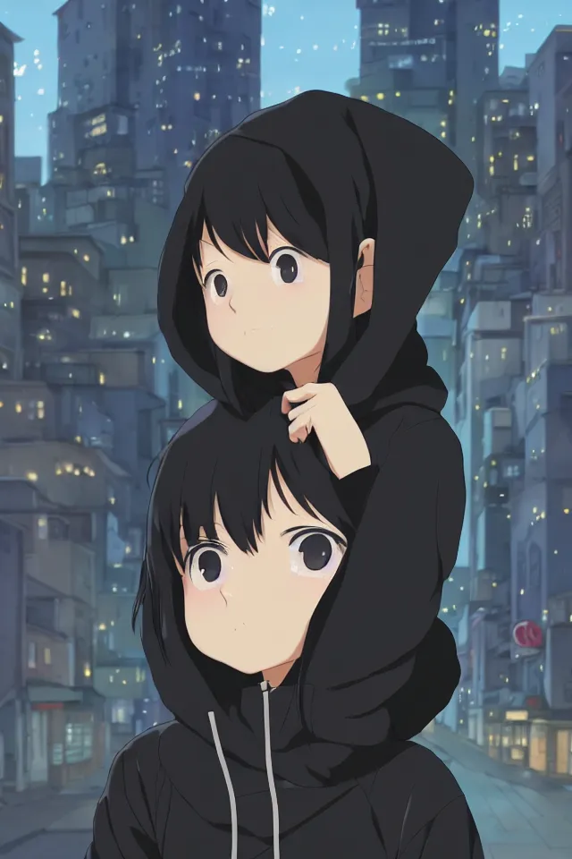 Image similar to anime visual, portrait of a young black haired girl wearing hoodie on the city street background, one person, cute face by yoh yoshinari, katsura masakazu, studio lighting, half body shot, strong silhouette, anime cels, ilya kuvshinov, cel shaded, crisp and sharp, rounded eyes