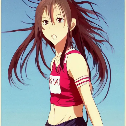 Image similar to a girl is running, sport clothing, anime style, long hair, hair down, symmetrical facial features, from yowamushi pedal, hyper realistic, clip studio paint, rule of thirds, extreme detail, detailed drawing, trending pixiv, realistic lighting, by alphonse mucha, greg rutkowski, sharp focus, backlit, high budget show, realistic anatomy