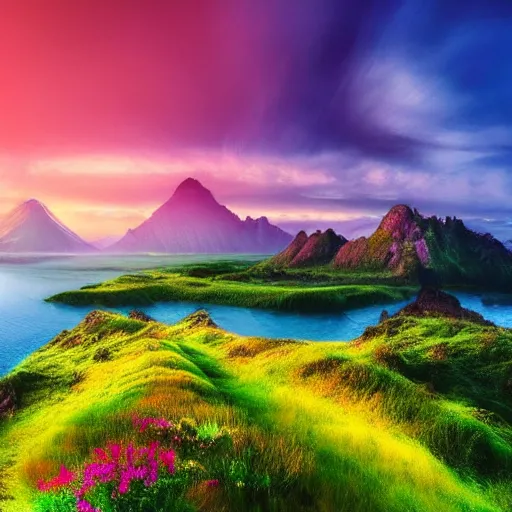 Prompt: a very very very very very very beautiful 8k photo of landscape of pure elegance, with hint to a fantasy world, vibrant but serene mystical colors