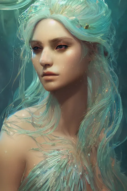 Image similar to A fancy portrait of a crystalized mermaid by Greg Rutkowski, beeple, Sung Choi, Mitchell Mohrhauser, Maciej Kuciara, Johnson Ting, Maxim Verehin, Peter Konig, final fantasy, macro lens, 35mm, 8k photorealistic, cinematic lighting, HD, high details, dramatic, dark atmosphere, trending on artstation