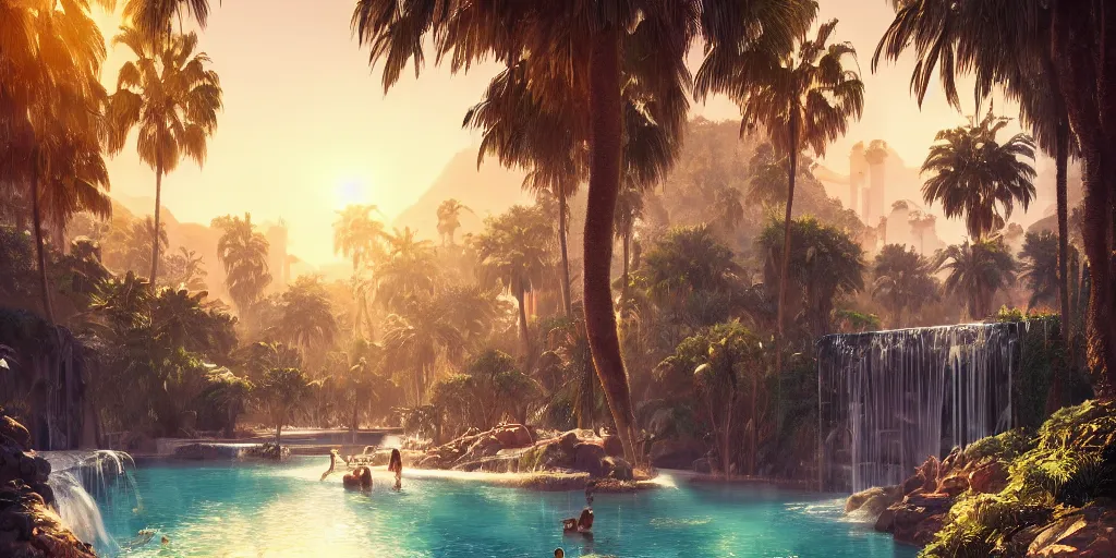 Image similar to beautiful oasis waterfalls surrounded by palm trees moroccan tile archways, date trees, ivory towers sunset peter morbacher ross tran angelarium greg rutkowski alchemy luxury heavenly light soft illumination, trending on artstation cinematic lighting digital painting octane render, artgerm