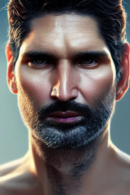 Image similar to ultra detailed close up facial portrait of eric bana, extremely detailed digital painting, in the style of fenghua zhong and ruan jia and jeremy lipking and peter mohrbacher, mystical colors, rim light, beautiful lighting, 8 k, stunning scene, raytracing, octane, trending on artstation