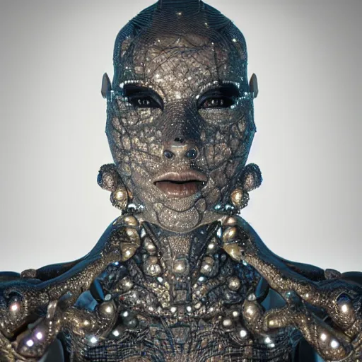 Image similar to full body detailed, ethereal, biomechanical, covered in diamonds and other gems glowing, highly detailed face, elegant posed, intricate, extremy detailed, beeple, cgsociety, 3 d unreal engine octane render. cinematic lighting, highly detailed 4 k art