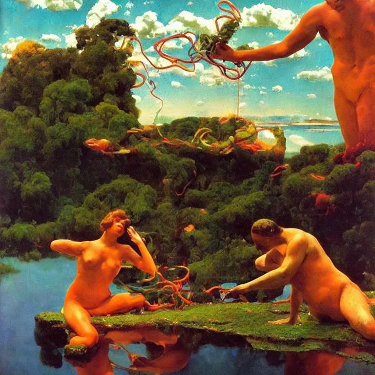 Prompt: A Monumental Public Sculpture of a 'Fist made out of Gummy Spaghetti' on a pedestal by the lake, surreal oil painting by John Singer Sargent and Maxfield Parrish and Max Ernst shocking detail hyperrealistic!! Cinematic lighting