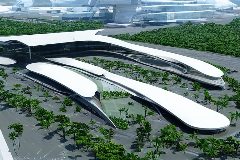 Prompt: Big futuristic airport terminal in the Philippines with green plants