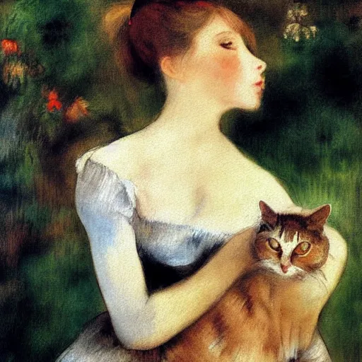 Prompt: Ciri holding a cat, art, minimalistic painting, watercolor on paper, high quality, by Edgar Degas, by Renoir