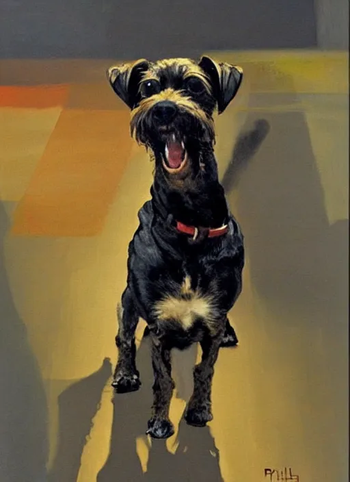 Prompt: tan!!! schnauzer! chihuahua! mix, enraged, painting by phil hale, 'action lines'!!!, graphic style, visible brushstrokes, motion blur, blurry