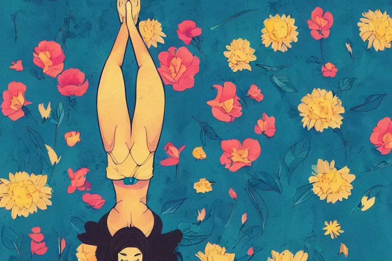 Image similar to a body doing yoga poses, top view, covered with flowers, art by Sachin Teng, beautiful lush colors