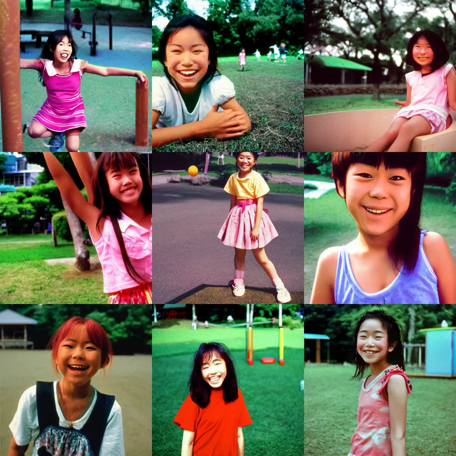 Prompt: A long-shot from front, color outdoor photograph portrait of a happy teen girl playing on the playground, summer, day lighting, 1990 photo from Japanese film Godzzila.