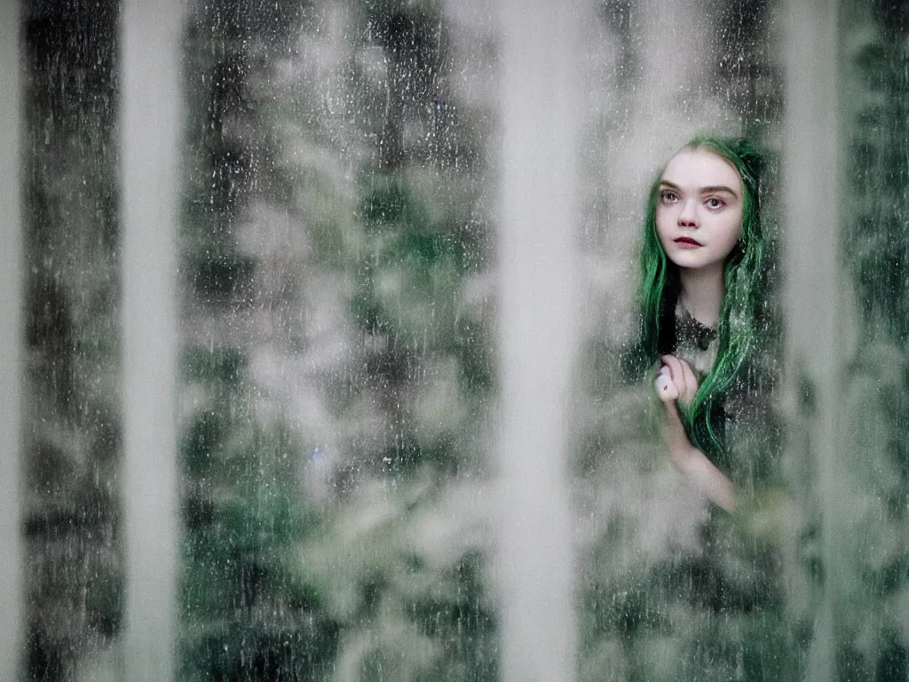 Image similar to photo of Elle Fanning with green hair looking sadly out a window on a rainy night photographed by Jill Greenberg