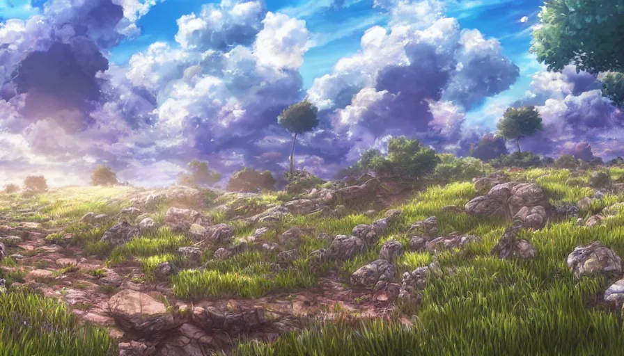 Prompt: the beautiful, dreamy, wistful view of a field after war filled with death and rocks. hyperrealistic anime background illustration, colorful, extremely detailed intricate linework, smooth, super sharp focus, bright colors, high contrast, matte, octopath traveler, unreal engine 5 highly rendered, global illumination, radiant light