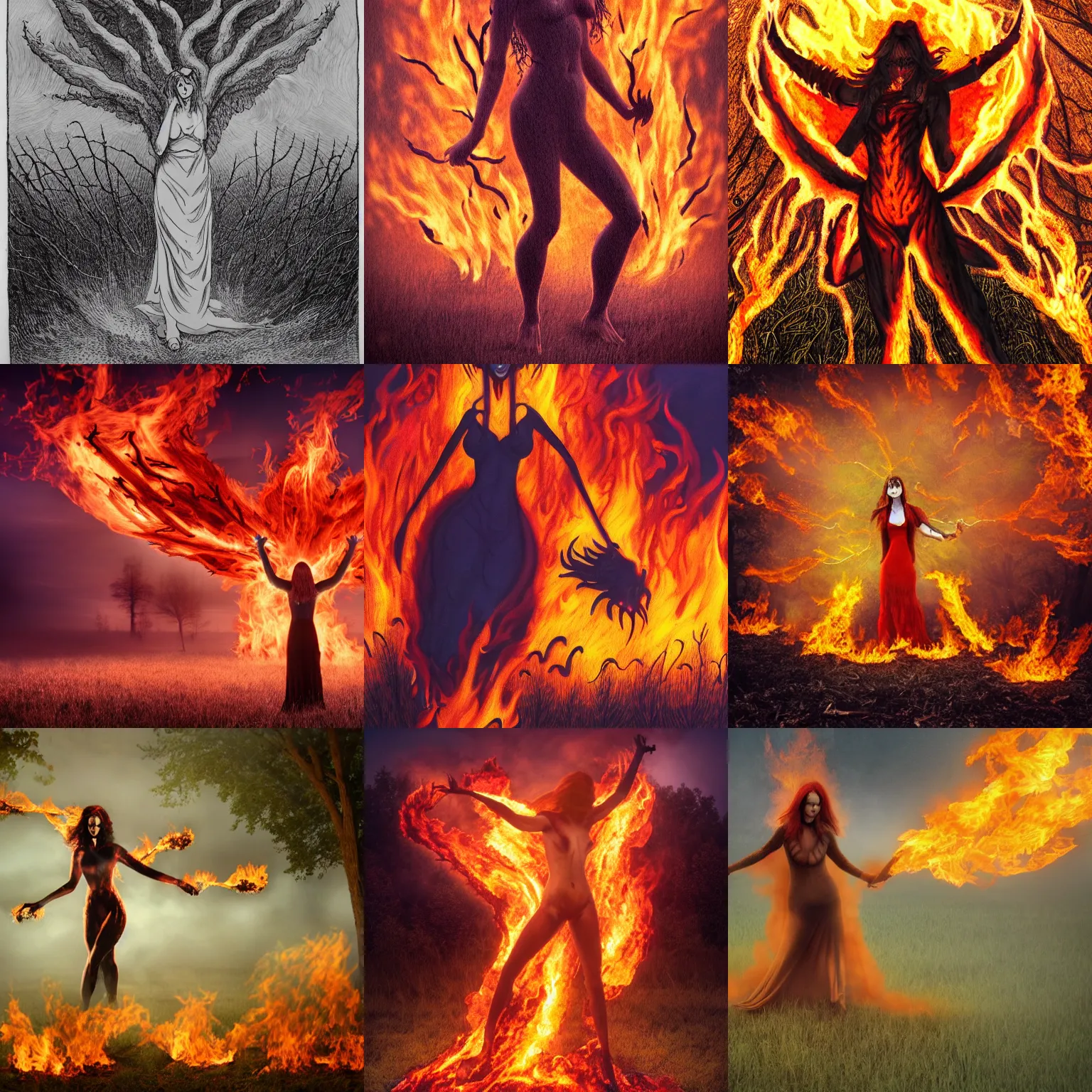 Prompt: demonic lilith standing in an open field aflame with a burning oak tree and fog