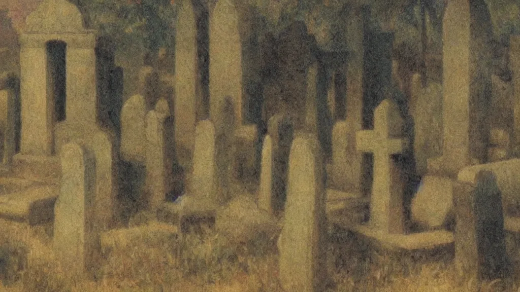 Prompt: gohsts in a cemetery symbolist painting