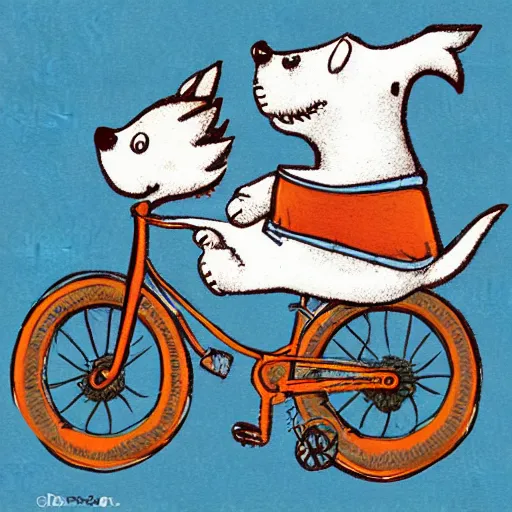 Image similar to illustration of a dog riding a bike in paris in the style of maurice sendak