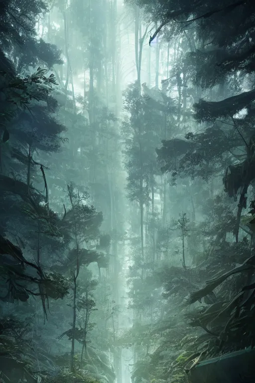 Image similar to A sci-fi forest by Greg Rutkowski, Sung Choi, Mitchell Mohrhauser, Maciej Kuciara, Johnson Ting, Maxim Verehin, Peter Konig, final fantasy , 8k photorealistic, cinematic lighting, HD, high details, atmospheric,