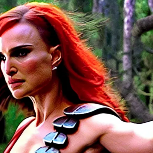 Image similar to natalie portman as red sonja, fight scene