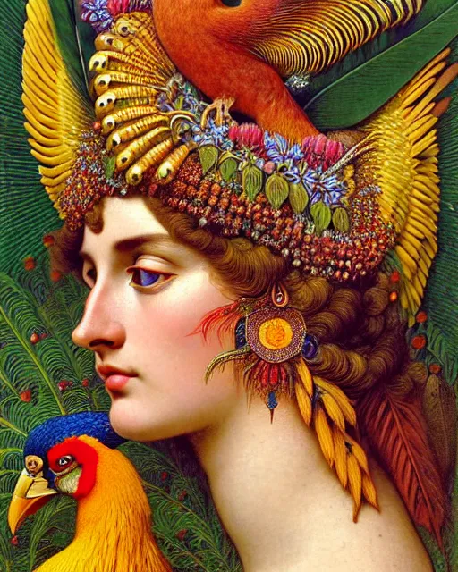 Image similar to hyperrealistic detailed face portrait of the beautiful goddess of the golden pheasants with an intricate headgear of golden pheasant, red berries, leaves, field flowers, pears, apples, art by ernst haeckel, john william godward, android jones, alphonso mucha, h. r. giger, gothic - cyberpunk, ornamental, beautiful deep colours,