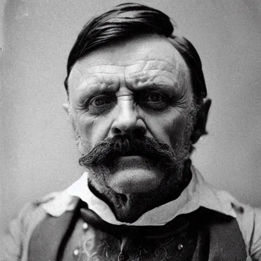 Image similar to headshot edwardian photograph of anthony hopkins, ian mcshane, arthur shelby, terrifying, scariest looking man alive, 1 8 9 0 s, london gang member, slightly pixelated, angry, intimidating, fearsome, realistic face, peaky blinders, 1 9 0 0 s photography, 1 9 1 0 s, grainy, blurry, very faded
