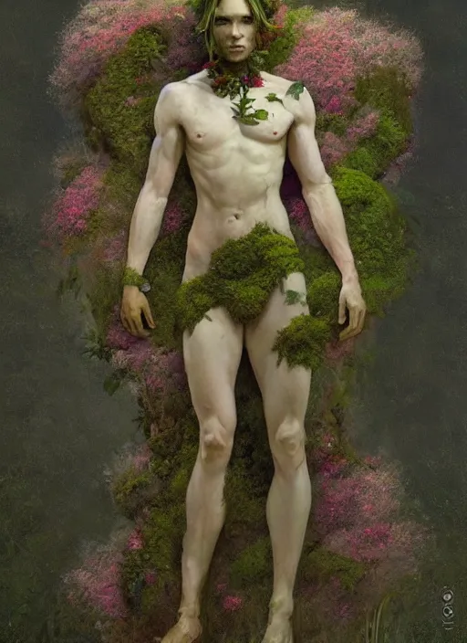 Image similar to a man made of moss and flowers, full body view, beautiful high quality realistic fantasy art, trending on artstation by artgerm and greg rutkowski and alphonse mucha