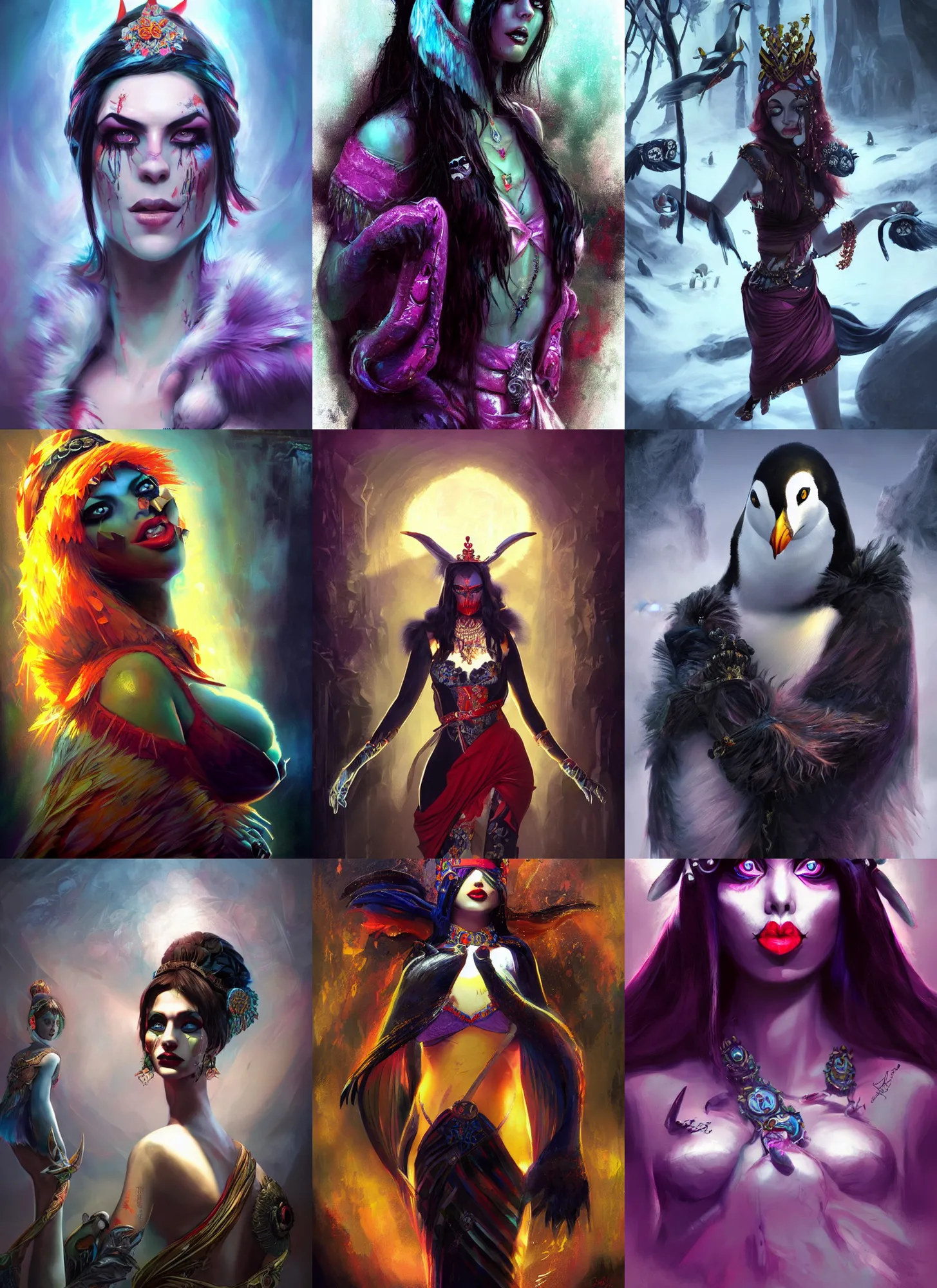 Prompt: Penguin goddess, vivid colors, dark shadows, contrast, concept art, sharp focus, digital art, Hyper-realistic, 4K, Unreal Engine, Highly Detailed, Dramatic Lighting, Beautiful, by Brom, bastien lecouffe-deharme