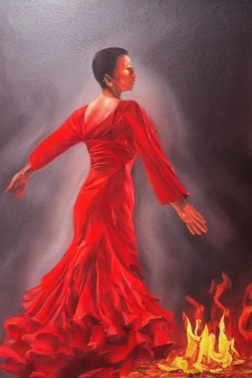 Image similar to detailed oil painting of spanish flamenco dancer wearing a red dress engulfed in flames, walking waist deep in clear water, midnight, moon, dimly lit, looking away, dark shadows, ethereal, foggy, moody, photo realistic, high definition, 4 k, slr