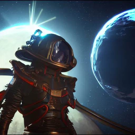 Prompt: space pirate wearing an armor in space, unreal engine, ultra realistic, 8 k, ultra detailed, ray tracing