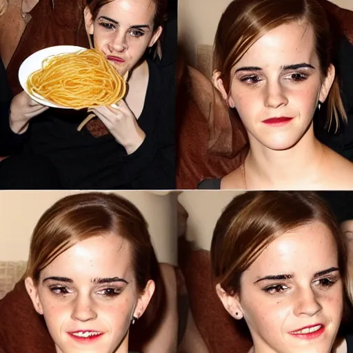 Prompt: Emma Watson eating too much spaghetti