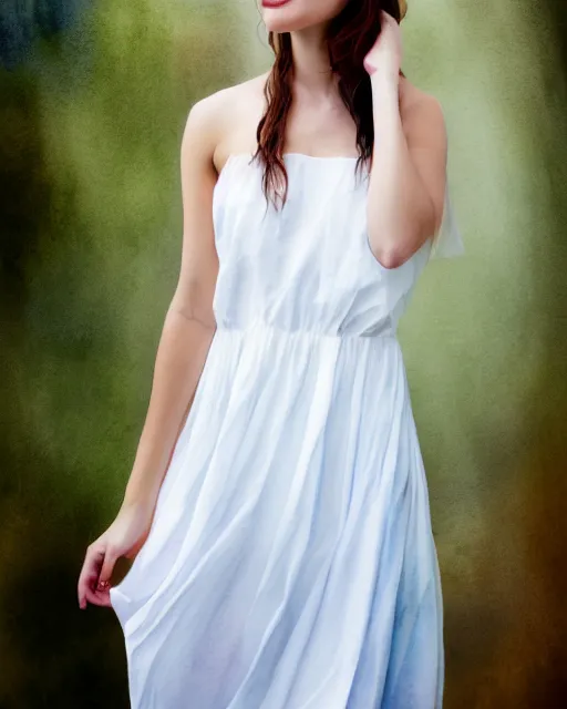 Image similar to watercolor picture of a beautiful young woman in white dress, high key, 8k