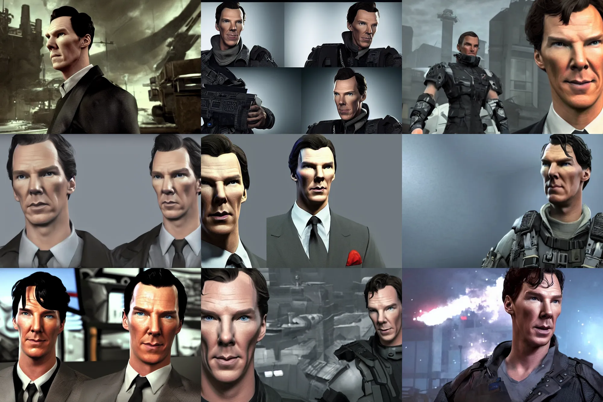 Prompt: a screenshot of benedict cumberbatch as a villain in a cutscene in the video game call of duty. 3 d rendering. unreal engine. amazing likeness. very detailed. cartoon caricature.