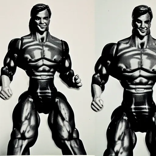 Prompt: 1980s plastic vinyl action figure toy of a L Ron Hubbard with muscular arms, studio photography isolated on a white background
