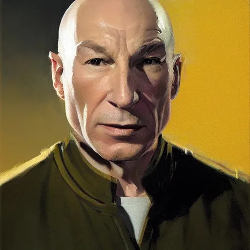 Image similar to greg manchess portrait painting of jean luc picard as overwatch character, medium shot, asymmetrical, profile picture, organic painting, sunny day, matte painting, bold shapes, hard edges, street art, trending on artstation, by huang guangjian, gil elvgren, ruan jia, greg rutkowski, gaston bussiere