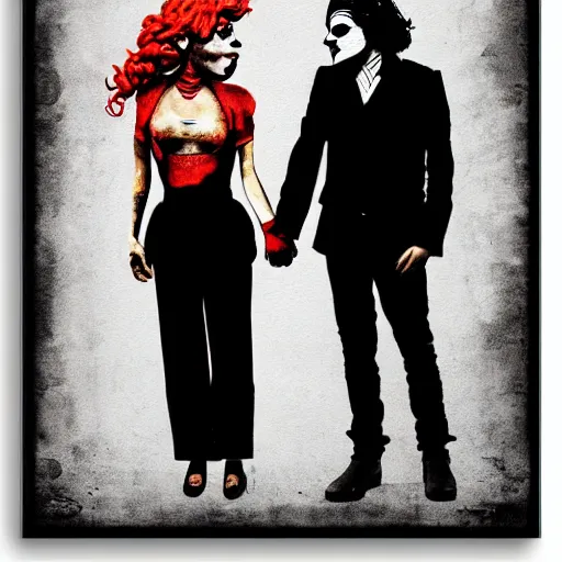 Image similar to mimmo rottela and banksy as joaquin phoenix skinny joker holding hand lady gaga harley queen, very realistic, intricate details, pop art style, concept art, confident, love, random object movement, 3 colours, proportional size, warm color, 4 k, ultra smooth, sharp focus