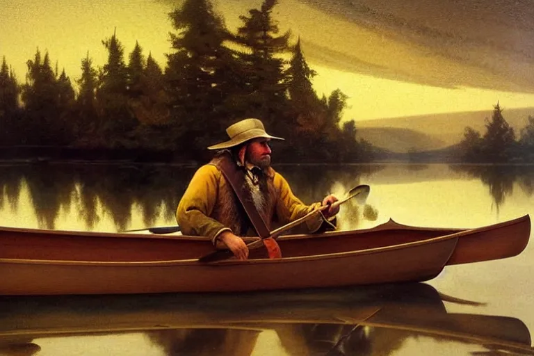 Image similar to fur trader in a canoe, 1 8 5 0. illustrated by n. c. wyeth. oil painting, highly detailed, centered, digital painting, artstation, romantic, concept art, smooth, sharp focus, illustration, artgerm, tomasz alen kopera, frans hals, drew struzan