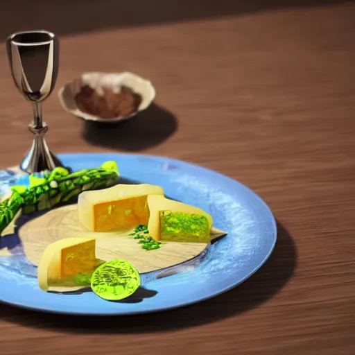 Image similar to a hyperdetailed blue fork, 3 d render, ultra high detail, octane render, rtx, hdr, the fork is on a plate, the plate is on a wooden table.
