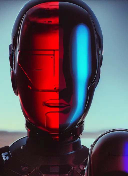 Image similar to cinestill 5 0 d photographic portrait of two loving female androids wearing rugged black techwear on a desolate plain with a red topographic holographic sky, extreme closeup, cyberpunk style, dust storm, 8 k, hd, high resolution, 3 5 mm, f / 3 2, ultra realistic faces, ex machina