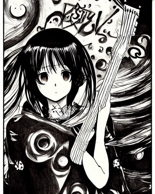 Prompt: beautiful drawing painting detailed cinematic guitar girl in anime manga frank miller ito junji style trending on pixiv artstation