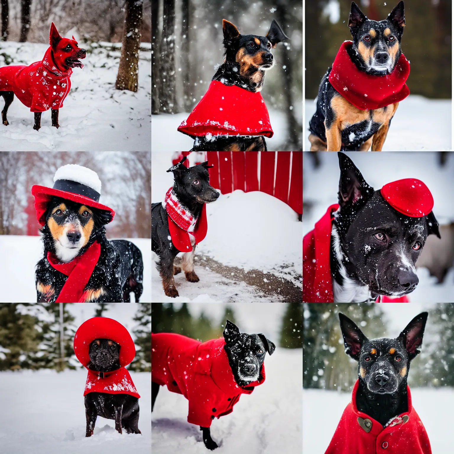 Prompt: a portrait of a yorkshire dog wearing a red coat and a black cowboy hat in the snow, Sigma 85mm f/1.4