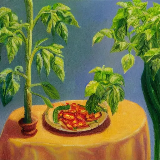 Prompt: a neo-impressionism style painting of a tomato plant and an okra plant having dinner at an expensive restaurant, photo realistic