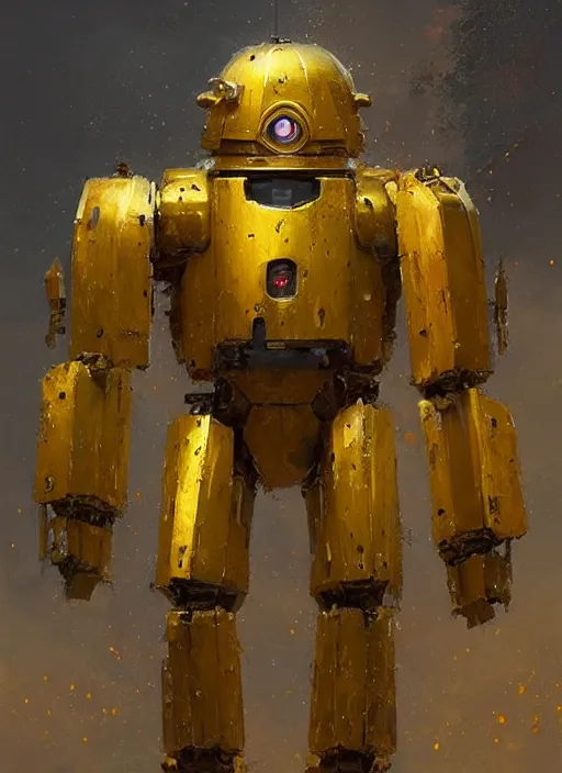 Image similar to human-sized strong intricate yellow pit droid holding paladin medieval shield!!!, pancake short large head painterly humanoid mecha, by Greg Rutkowski