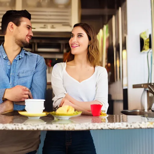 Image similar to a young couple standing on top of the counter at a diner