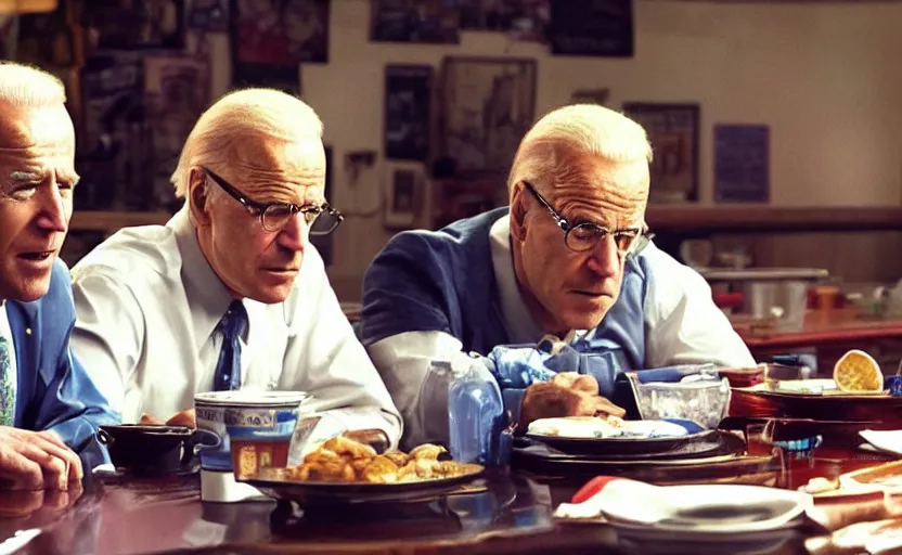 Prompt: photo of joe biden and walter white in los pollos hermanos sitting on the same table, ultra detailed, movie frame, cinematical composition, 4 k, colorful