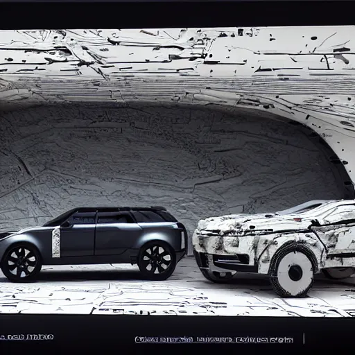 Image similar to sci-fi range rover and wall structure in the coronation of napoleon painting by Jacques-Louis David in the blade runner 2049 film and point cloud in the middle and everything in form of zaha hadid architects artwork by caravaggio unreal engine 5 keyshot octane lighting ultra high detail ultra hyper realism 8k 16k in plastic dark tilt shift full-length view