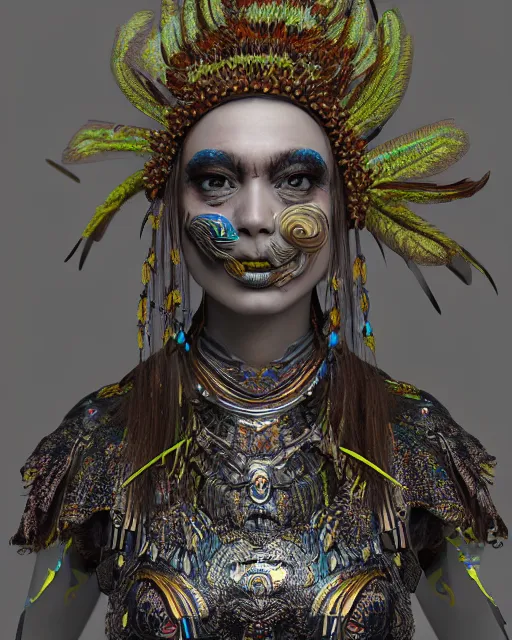 Prompt: 3 d warrior goddess medium shot portrait. beautiful hyperrealistic intricate highly detailed magpie helm broken armor, kintsugi, quetzalcoatl, korean hanbok, bioluminescent, plasma, lava, ice, feather, artwork by tooth wu and chiara bautista, octane 3 d render