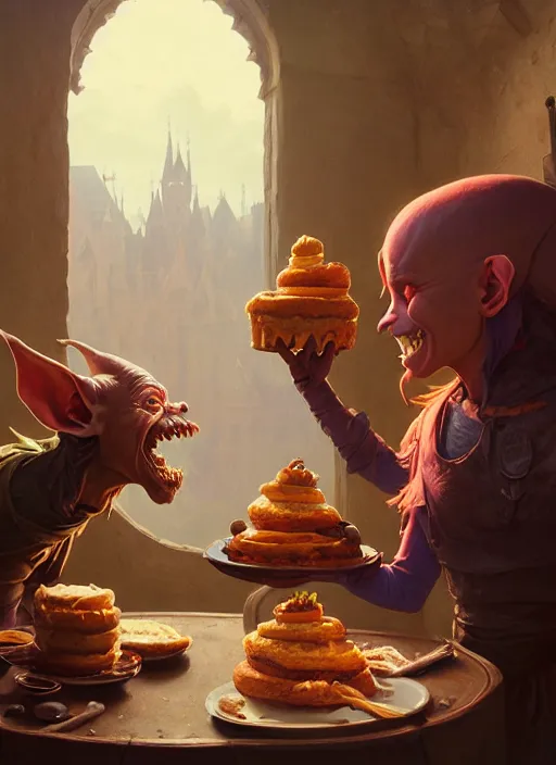 Image similar to highly detailed portrait of a medieval goblin eating cakes, stephen bliss, unreal engine, greg rutkowski, loish, rhads, beeple, makoto shinkai and lois van baarle, ilya kuvshinov, rossdraws, tom bagshaw, tom whalen, alphonse mucha, global illumination, god rays, detailed and intricate environment