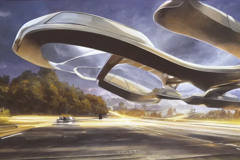 Image similar to futuristic flying vehicle concept on highway, painting by sydney mead, highly detailed, soft lighting, 8 k resolution, oil on canvas, architectural magazine